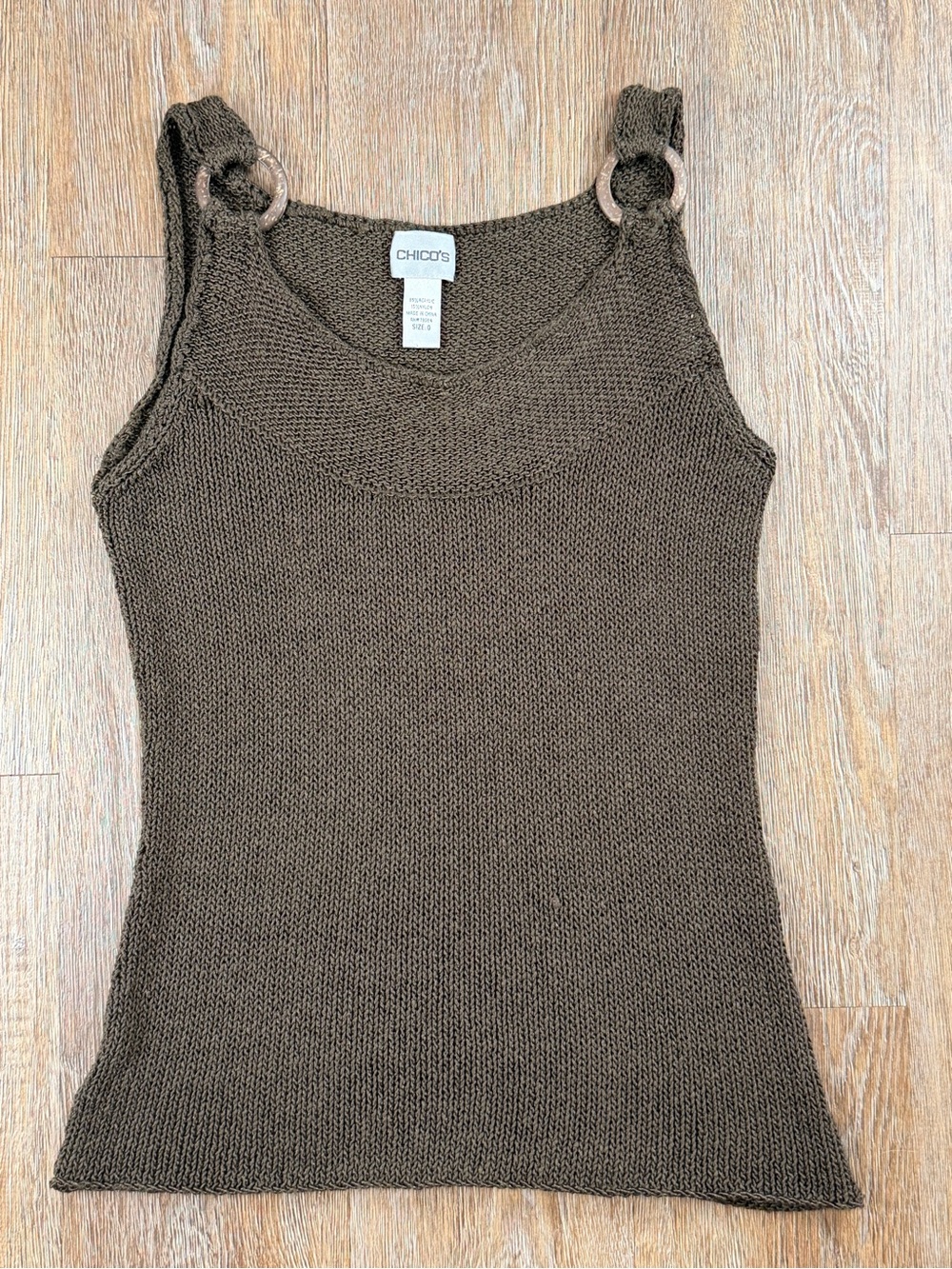 Chico’s Sweater Knit Tank Top Olive Brown Ring Strap Detail Chunky | S (0)